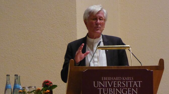 Heinrich Bedford-Strohm bei der Weltethos-Rede an der Uni Tübingen. FOTO: MAB