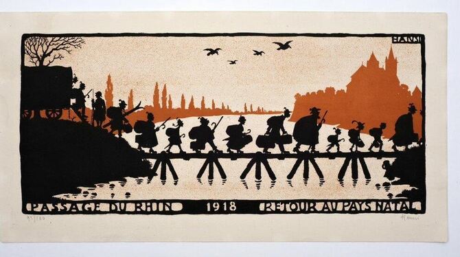 Eine Karikatur zeigt die Vertreibung der 120 000 »Altdeutschen«, die nach dem Ende des Ersten Weltkriegs aus dem Elsass ausgewie