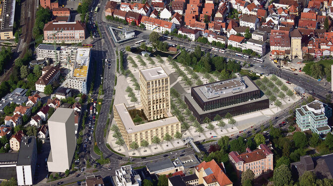Gegen die aktuelle Planung eines Stadthallen-Hotels mit Hotel-Turm formiert sich eine Bürgerinitiative. GRAFIK: MAX DUDLER, BERL