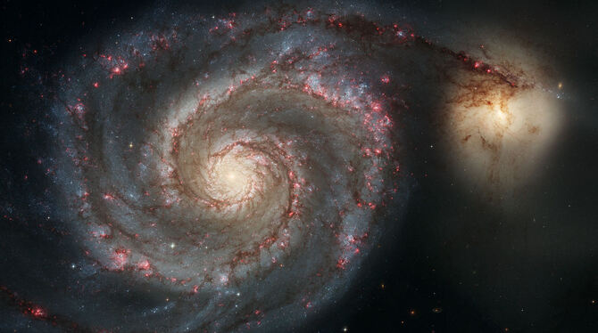 Dieses Hubble-Weltraumteleskopbild stellt eine Verschmelzung zweier Galaxien dar, die in der Masse der Milchstraße und der groß