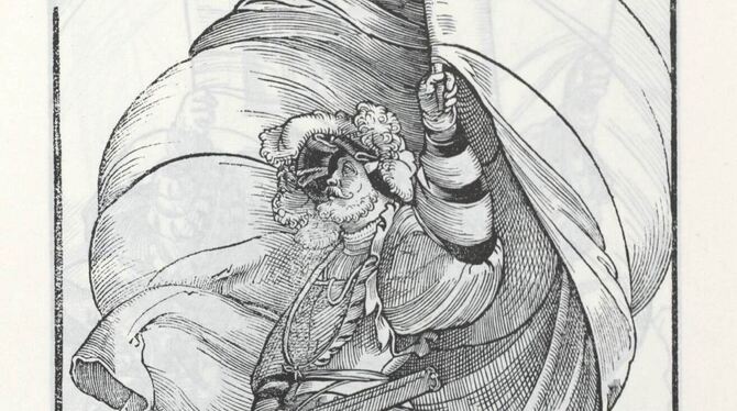 Landsknecht vor Reutlingen. Stich aus »Wapen des Heyligen Römischen Reichs Teutscher Nation«, Frankfurt 1545. BILD: STADTARCHIV