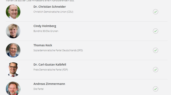 These für These kann man sich durch den Kandidat-O-Mat klicken und am Ende die eigene Meinung mit der der Kandidaten abgleichen.