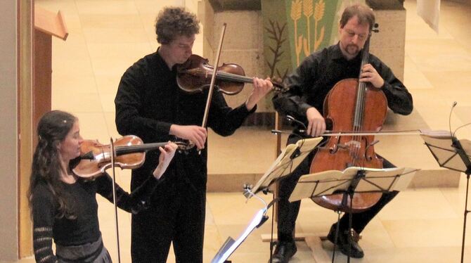 Julia Galic, Tvrtko Galic, Violinen, und Gregor Pfisterer, Cello, beim Auftritt in der Martinskirche Kirchentellinsfurt.  FOTO: