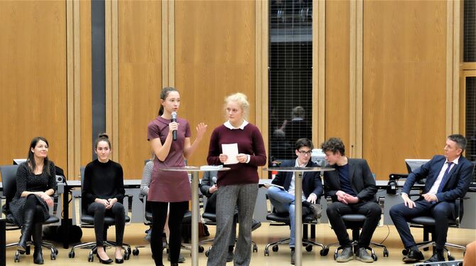 Lilli-Zapf-Preis: Die beiden Schülerinnen Clara Hamberger und Bianca Geiger erzählen von ihrem Projekt. FOTO: HAAS