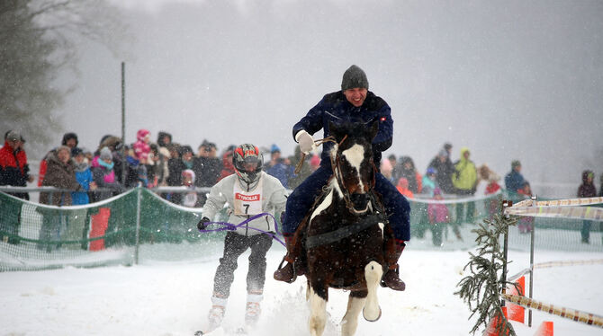 Tierisch Spaß hatten Teilnehmer wie Zuschauer beim Skijöring-Wettkampf in Trochtelfingen. FOTO: BAIER