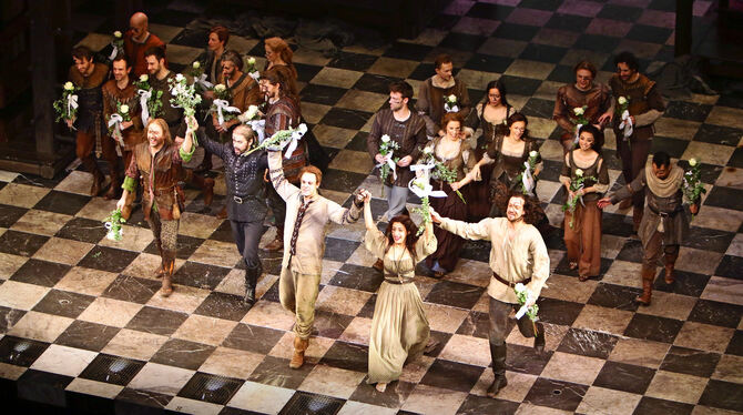 Das Stuttgarter Ensemble des Musicals »Der Glöckner von Notre Dame« beim Schlussapplaus im Stage-Apollo-Theater.  FOTO: SCHNAIDT