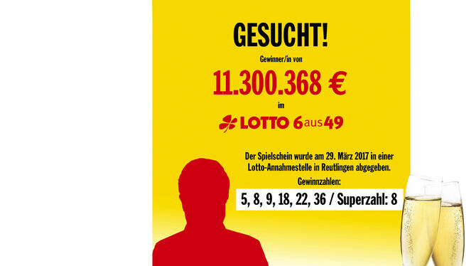 Das Plakat, mit dem die Lotto-Gesellschaft den Lotto-Millionär in Reutlingen sucht – bislang vergeblich. FOTOS/MONTAGE: ADOBE ST