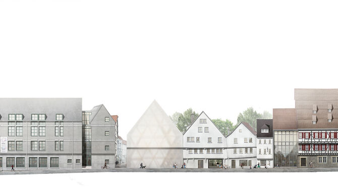 Visualisierung der sanierten Häuserzeile nebst »gläsernem« Neubau zwischen Volkshochschule (links) und Heimatmuseum (rechts). CO