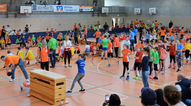 Beim Hallensportfest in der Gomaringer Sport- und Kulturhalle zeigen die jungen Sportler bei verschiedenen Disziplinen ihr Könne