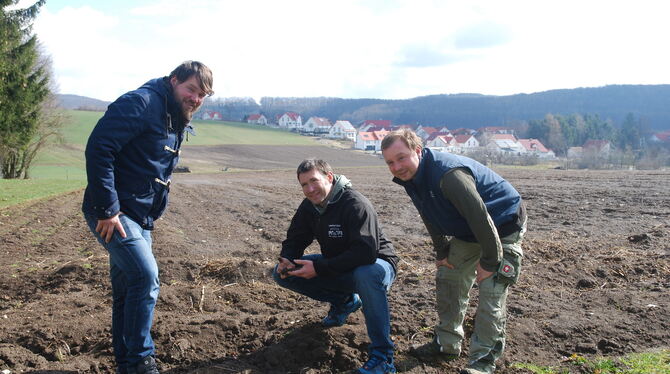 Wo jetzt noch braune Krume zu sehen ist, werden Grünstreifen angelegt (von links): Peter Werner, Christoph Loser und Benjamin Lo