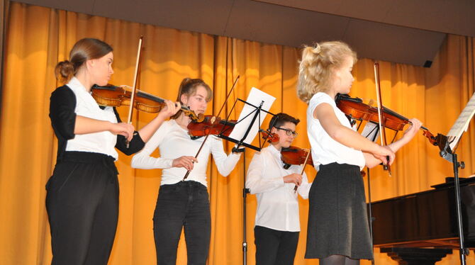 Streicher der Musikschule mit Ava Ruth (rechts) und Maximilian Rieck, die beide bei »Jugend musiziert«erfolgreich waren. FOTOS: