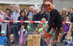 Die Teilnehmer beim Timbersports-Event in Würtingen gehen mit Kraft und Präzision ans Werk. Bei dieser Disziplin muss ein Holzwü