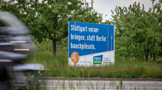 Wahlplakate zwischen rätselhaft und heiter: Was will uns dieses Exemplar der Freien Wähler wohl sagen.  FOTO: GEA