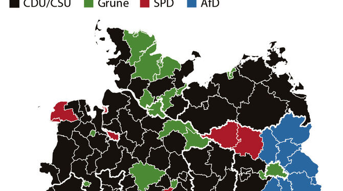 Die Karte zeigt die Parteien mit den größten Stimmenanteilen in den einzelnen Landkreisen Deutschlands.  GRAFIK: DPA