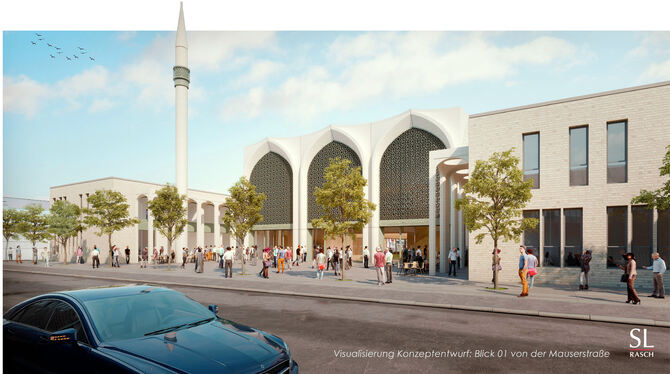 So soll die neue Ditib-Moschee an der Mauserstraße in wenigen Jahren aussehen, mit Vorplatz und Nebengebäuden.  GRAFIK: SL RASCH