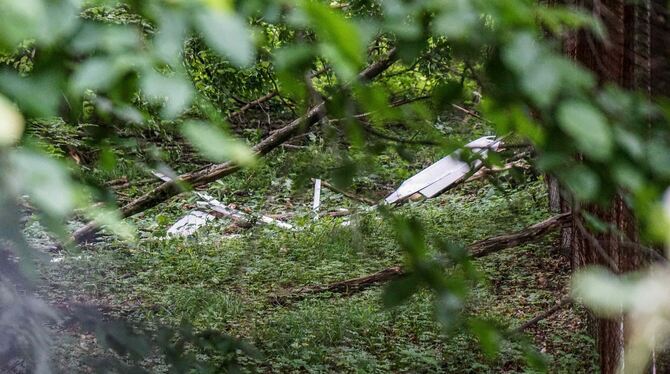 Trümmerteile des Segelflugzeugs liegen im Wald.