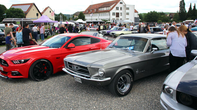 Legendäre Sportwagen: Ein neuer und ein älterer Ford Mustang nebeneinander.