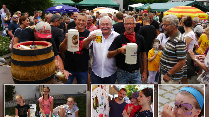 Zum letzten Mal übernahm Erich Fritz (Mitte) den Fassanstich. Darunter freuen sich Sina, Hanna und Lisa (von links) über gute Fl