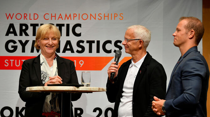 Mit der Auslosung zur Turn-WM in Stuttgart sehr zufriedene Bundestrainer (von links): Ulla Koch und Andreas Hirsch sowie WM-Bots