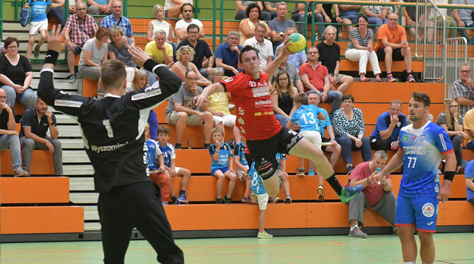 Der Pfullinger Axel Goller (mit Ball), der vier Tore erzielte, im Duell mit Lemgos Torhüter Piotr Wyszomirski.foto: meyer