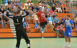 Der Pfullinger Axel Goller (mit Ball), der vier Tore erzielte, im Duell mit Lemgos Torhüter Piotr Wyszomirski.foto: meyer
