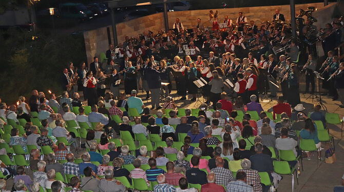 Die Stadtkapelle mit den Musikvereinen aus Böttingen, Magolsheim und Rietheim beim Finale vor 500 Musikfreunden.  Foto: Bloching