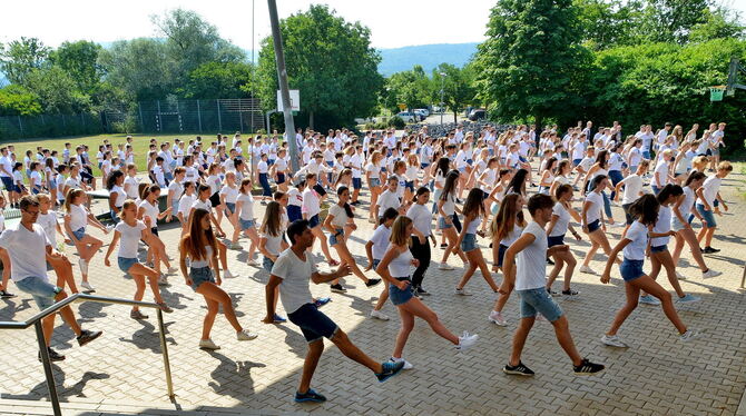 Alle Schüler des Karl-von-Frisch-Gymnasiums versammeln sich für ihr Abschiedsgeschenk für Michel Hepp auf dem Schulhof. Foto: Ni