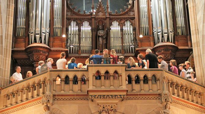 Nach dem Familienkonzert: Kantor Torsten Wille zeigt Interessierten in der Marienkirche die Rieger-Orgel. FOTO: Varady