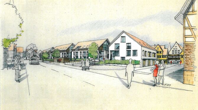 So soll die neue Ortsmitte mit den neuen Wohnhäusern bald aussehen. Ganz rechts: die Fachwerk-Fassade des historischen Gebäudes,