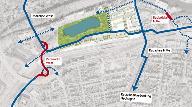 Die großen Hauptrouten für Radler sind blau markiert, die Brücken rot. In der Mitte der Anlagensee. Plan: Stadtverwaltung