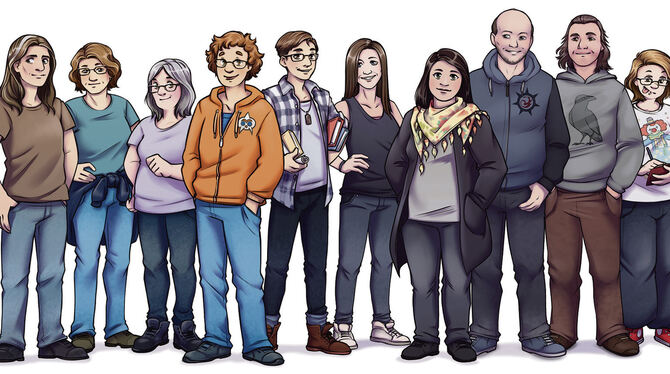 Das »School Craft«-Team, von der Illustratorin des Unternehmens gezeichnet. In der Mitte mit orangefarbener Jacke: Unternehmensg