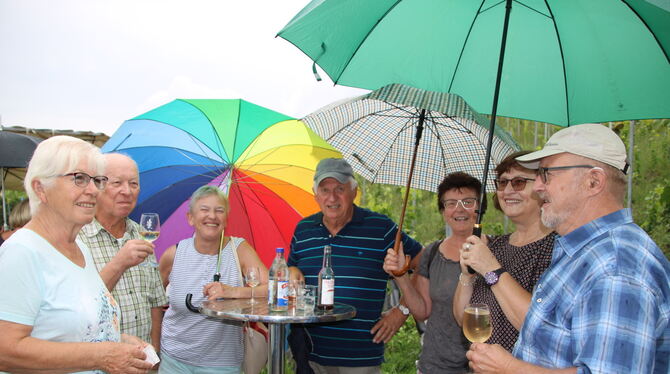 Den Wein genießen, dort wo er wächst: Auch durch Regen ließen sich die Besucher die Laune nicht vermiesen. foto: oechsner