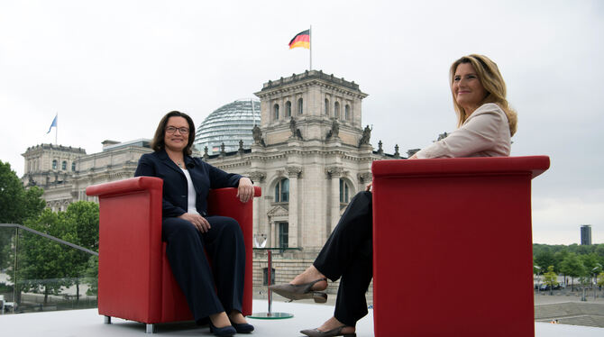 Tina Hassel (rechts) und Andrea Nahles, damalige SPD-Bundesvorsitzende, vor der Kulisse des Reichstagsgebäudes.archivfoto: dpa