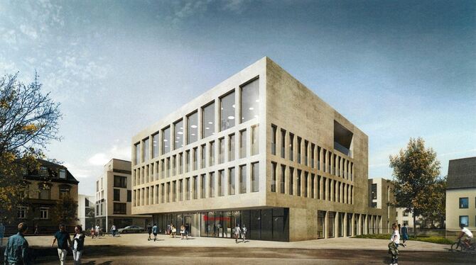 So stellen sich die Planer den Neubau der Kreissparkasse am Bahnhofsplatz in Metzingen vor: Links ist die Völter-Villa zu sehen,