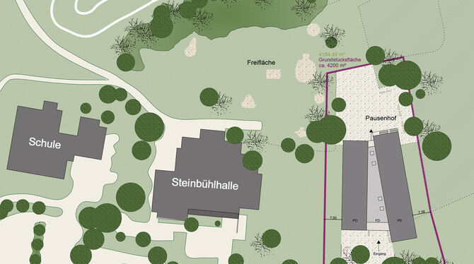 Neben Steinbühlhalle und Undinger Schule ist (rechts im Bild) der Neubau des Albgymnasiums geplant. PLAN: HARTMAIER ARCHITEKTEN