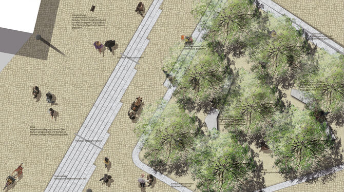 Der Entwurf des Büros Professor Schmid, Treiber Partner stellt sich nördlich der Kirche einen belebten Platz vor. VISUALISIERUN Der Entwurf des Büros Professor Schmid, Treiber Partner stellt sich nördlich der Kirche einen belebten Platz vor. VISUALISIERUN