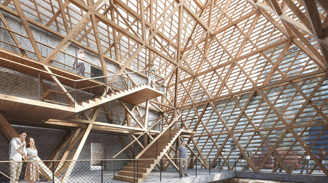 Der Innenraum des Neubaus in der Oberamteistraße, visualisiert vom Architekten: Eine Holzkonstruktion kombiniert mit transparent