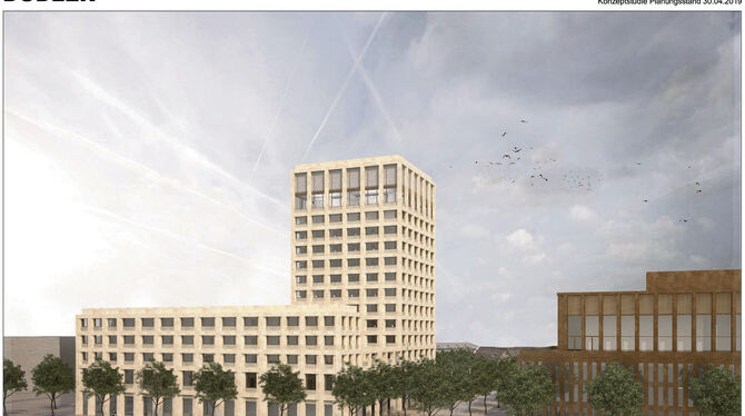 So sieht die aktuelle Planung des Architekturbüros Max Dudler für das Parkhotel neben der Stadthalle aus.GRAFIK: BÜRO DUDLER