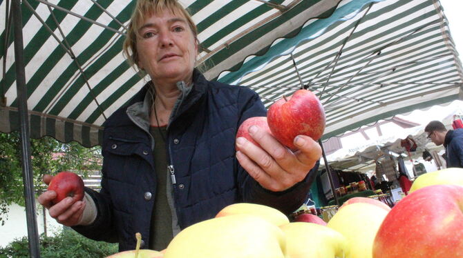 Neue Ernte: Beate Hefele aus Mehrstetten bietet Obst an, unter anderem Äpfel.