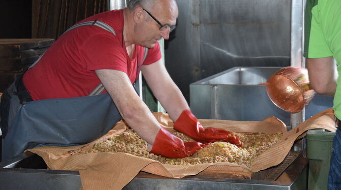 Otto Flad bereitet den Brei aus Fruchtfleisch und Kernen für die Presse vor.Fotos: Schitz