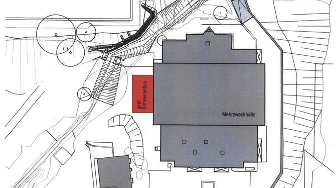 Bietet Platz für Bühne und Stauraum: der Anbau an die Rossberghalle. Grafik: Stadt