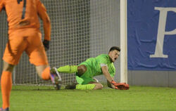 Fast noch gehalten, aber Reutlingens Torwart Enrico Alejandro Piu kommt dann doch zu spät: 3:1 für den FC Nöttingen. FOTO: JO BA