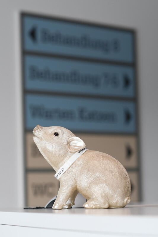Ein silbernes Schweinchen mit der Aufschrift Trinkgeld steht auf der Empfangstheke der Tierklinik.