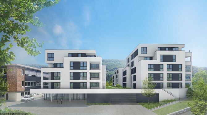 So könnten die vier mehrgeschossigen Wohngebäude auf dem ehemaligen Böhmler-Areal in Pfullingen einmal aussehen. Grafik: Dr. Ral