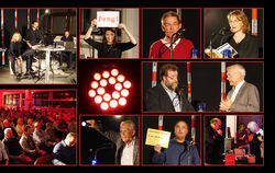 Impressionen von der achten Kriminacht des Syndikats (im Uhrzeigersinn): GEA-Band Deadline mit Veit Müller, Iris Goldack, Alexan