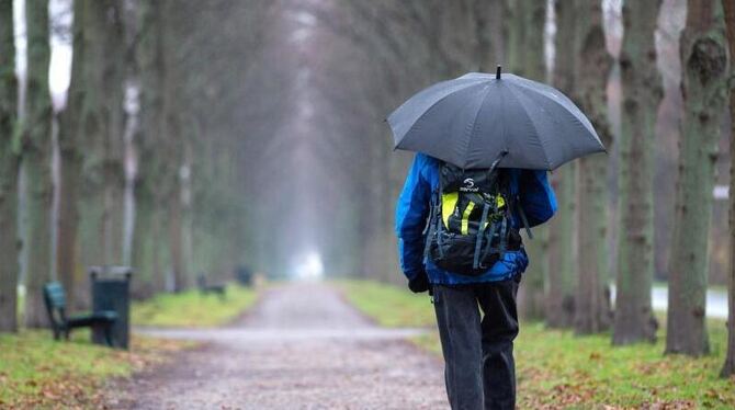 Ein Fußgänger läuft mit einem Regenschirm Ein Fußgänger läuft mit einem Regenschirm