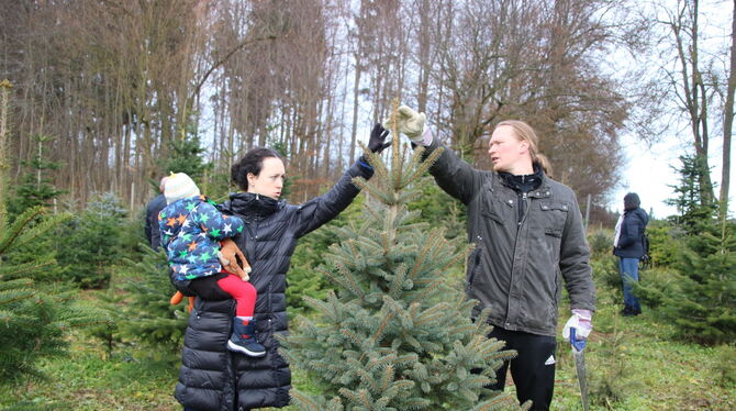 Er kennt es aus der nordischen Heimat nicht anders, als den Christbaum selbst zu schlagen: Janis Majeva aus Finnland mit Ehefrau