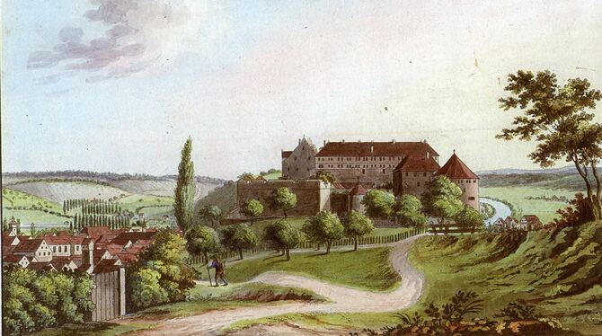 Die Rückseite der Stadt: Partzschefeldts »Parthie von Tübingen auf dem Rücken des Schlossbergs« um 1800.  GEA-REPRO
