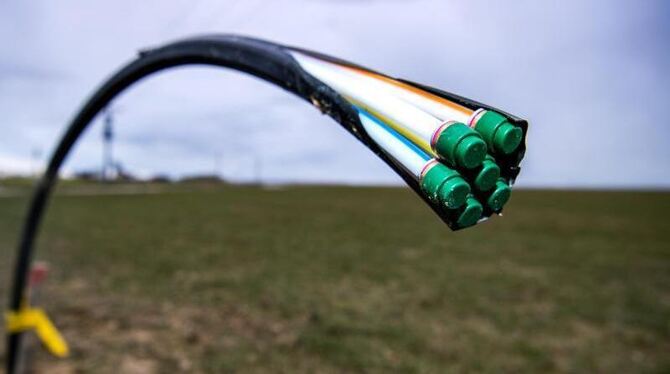 Ein Leerrohr für Glasfaser ragt aus einem Acker heraus