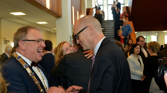 OB Thomas Keck (links) beim Reutlinger Neujahrsempfang in der Stadthalle (mit dem Hauptgeschäftsführer der Handwerkskammer, Dr.
